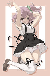 Rule 34 | 1girl, armpits, arms up, assault lily, black ribbon, black skirt, blouse, breasts, brown eyes, brown footwear, commentary request, frilled panties, frilled skirt, frills, full body, high-waist skirt, highres, hitotsuyanagi riri, jewelry, large breasts, leg ribbon, loafers, looking at viewer, medium breasts, neck ribbon, one side up, panties, pink hair, ribbon, ring, shirt, shoes, side ponytail, skindentation, skirt, sleeveless, sleeveless shirt, solo, suspender skirt, suspenders, thigh ribbon, thighhighs, underwear, white panties, white shirt, white thighhighs, you2