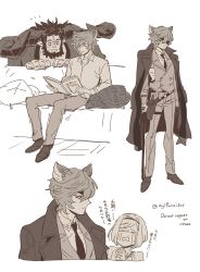 Rule 34 | &gt; &lt;, 1girl, 2boys, animal ears, asaya minoru, collared shirt, couch, crying, djeeta (granblue fantasy), dress shirt, english text, closed eyes, granblue fantasy, greyscale, holstered, jacket, jacket on shoulders, long sleeves, monochrome, mugen (granblue fantasy), multiple boys, necktie, nehan (granblue fantasy), on couch, pants, shirt, shoes, sitting, streaming tears, tears, translation request, twitter username, vest