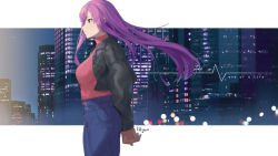 Rule 34 | 1girl, alternate costume, arms behind back, artist name, black jacket, breasts, building, casual, city lights, cityscape, closed mouth, commentary, cowboy shot, denim, english text, fikkyun, from side, high-waist pants, highres, hololive, hololive english, interlocked fingers, jacket, jeans, letterboxed, long hair, medium breasts, mori calliope, night, night sky, open clothes, open jacket, outside border, pants, purple hair, red eyes, red sweater, shirt tucked in, sky, skyscraper, smile, solo, standing, sweater, turtleneck, turtleneck sweater, virtual youtuber