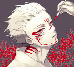 Rule 34 | 1boy, applying makeup, eyeliner, eyeshadow, facepaint, flower, grey background, holding, holding paintbrush, jujutsu kaisen, makeup, male focus, out of frame, oxoxovo, paintbrush, partially colored, portrait, red eyes, red flower, red theme, ringed eyes, ryoumen sukuna (jujutsu kaisen), short hair, solo focus, spider lily, spiked hair, twitter logo