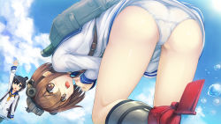Rule 34 | 10s, 2girls, arm up, ass, bent over, black eyes, black hair, blue sky, boots, brown eyes, brown hair, chestnut mouth, cloud, day, dress, dutch angle, foreshortening, gradient hair, headgear, highres, kantai collection, leaning forward, long sleeves, machinery, multicolored hair, multiple girls, ocean, open mouth, panties, pantyshot, sailor collar, sailor dress, short hair, short hair with long locks, sky, sorano (12gou), sunlight, tokitsukaze (kancolle), underwear, upside-down, white dress, white panties, yukikaze (kancolle)