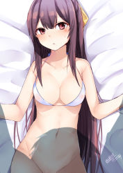 Rule 34 | 10s, 1boy, 1girl, artist name, bed sheet, bikini, bikini top only, blush, bottomless, breasts, cleavage, closed mouth, collarbone, from above, groin, hair ribbon, halterneck, highres, kamikaze (kancolle), kantai collection, khibiki (brequiem), large breasts, long hair, looking at viewer, lying, navel, on back, outstretched arms, purple eyes, purple hair, pussy, pussy peek, ribbon, see-through, shadow, signature, solo focus, spread arms, stomach, sweat, swimsuit, w arms, white bikini, yellow ribbon