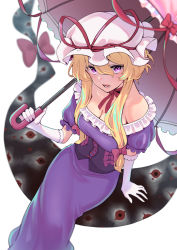 Rule 34 | 1girl, absurdres, bare shoulders, blonde hair, bow, breasts, cleavage, commentary request, dress, elbow gloves, feet out of frame, frills, from above, gap (touhou), gloves, hair between eyes, hat, hat ribbon, highres, holding, holding umbrella, large breasts, long hair, looking at viewer, medium breasts, mob cap, neck ribbon, off-shoulder dress, off shoulder, open mouth, parasol, purple dress, purple eyes, red bow, red ribbon, ribbon, short sleeves, silentmonday, solo, teeth, touhou, umbrella, white gloves, white hat, yakumo yukari