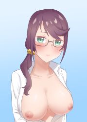 Rule 34 | 1girl, absurdres, blush, braid, breasts, closed mouth, collarbone, collared shirt, cy (cyjo claudine), glasses, gradient background, green eyes, highres, hoshimi junna, large breasts, looking at viewer, low ponytail, nipples, no bra, open clothes, open shirt, purple hair, shirt, shoujo kageki revue starlight, side ponytail, solo
