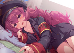 Rule 34 | 1girl, armband, blue archive, blush, breasts, grey eyes, hat, iroha (blue archive), long hair, long sleeves, looking at viewer, lying, marugoshi (54burger), necktie, on side, open mouth, peaked cap, red hair, red necktie, smile, solo, wavy hair