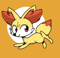 Rule 34 | animal focus, closed mouth, creatures (company), fennekin, from side, full body, game freak, gen 6 pokemon, happy, jumping, looking back, nintendo, no humans, orange background, pokemon, pokemon (creature), red eyes, simple background, smile, solo, two-tone background, vilepluff
