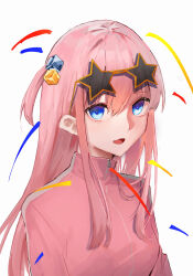 Rule 34 | 1girl, absurdres, blue eyes, bocchi the rock!, breasts, commentary request, cube hair ornament, eyewear on head, gotoh hitori, hair between eyes, hair ornament, highres, jacket, lizard0221, long hair, looking at viewer, medium breasts, one side up, open mouth, pink hair, pink jacket, sidelocks, simple background, solo, star-shaped eyewear, star (symbol), track jacket, upper body, white background