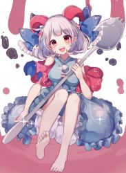 Rule 34 | 1girl, bare shoulders, barefoot, blue bow, blue dress, blush, bow, breasts, commentary request, dress, earrings, fang, frills, grey hair, grey shorts, hand up, highres, horns, jewelry, looking at viewer, medium breasts, moshihimechan, off-shoulder dress, off shoulder, open mouth, pink background, pointy ears, red eyes, short hair, short sleeves, shorts, sitting, smile, solo, sparkle, spork, star (symbol), teeth, tongue, touhou, toutetsu yuuma, weapon, white background
