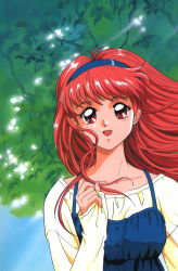 Rule 34 | 1990s (style), 1girl, :d, blush, casual, collarbone, cropped, fingernails, fujisaki shiori, hairband, happy, headband, highres, kokura masashi, konami, long hair, long sleeves, looking at viewer, official art, open mouth, red eyes, red hair, retro artstyle, scan, smile, solo, tokimeki memorial, tokimeki memorial 1, tree, upper body, wind