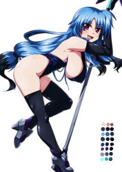Rule 34 | 1girl, black gloves, black thighhighs, blue hair, blush, breasts, covered erect nipples, elbow gloves, fang, gloves, highres, large breasts, long hair, looking at viewer, lyrical nanoha, mahou shoujo lyrical nanoha, mahou shoujo lyrical nanoha a&#039;s, mahou shoujo lyrical nanoha a&#039;s portable: the battle of aces, levi the slasher, open mouth, purple eyes, sideboob, simple background, smile, tappa (esperanza), thighhighs, white background