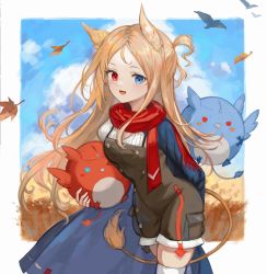 Rule 34 | 1girl, animal, animal ears, archetto (arknights), arknights, bird, bird ears, blue cape, blue eyes, blue sky, brown dress, brown hair, cape, cloud, commentary, dress, griffin, heterochromia, highres, holding, holding animal, holding bird, lion tail, long hair, looking at viewer, open mouth, red eyes, red scarf, scarf, shirt, skindentation, sky, solo, spacelongcat, tail, wheat field, white legwear, white shirt