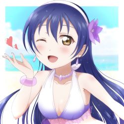Rule 34 | 1girl, ;), artist name, artist request, bare shoulders, beach, bikini, blowing kiss, blue bow, blue hair, blue sky, blush, bow, breasts, cleavage, cloud, collarbone, day, earrings, female focus, flower, frilled bikini, frills, hair between eyes, hair flower, hair ornament, hairband, highres, jewelry, long hair, looking at viewer, love live!, love live! school idol project, medium breasts, natsuiro egao de 1 2 jump!, navel, necklace, ocean, one eye closed, outdoors, parted lips, pink scrunchie, purple bikini, purple flower, purple scrunchie, scrunchie, sky, smile, solo, sonoda umi, swimsuit, upper body, white bikini, white hairband, wrist scrunchie, yellow eyes