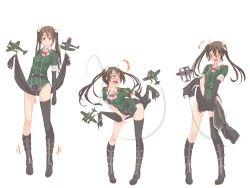 Rule 34 | 10s, 1girl, aircraft, airplane, blush, brown eyes, brown hair, embarrassed, hair ribbon, highres, kantai collection, long hair, mikeco, multiple views, open mouth, pelvic curtain, personification, ribbon, single thighhigh, speed lines, tabard, thighhighs, tone (kancolle), twintails, white background