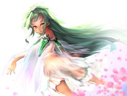 Rule 34 | 10s, 1girl, ass, bare shoulders, beatless, commentary request, dark-skinned female, dark skin, dress, dutch angle, flower, from behind, green eyes, green hair, long hair, looking at viewer, looking back, no panties, parted lips, see-through, snowdrop (beatless), solo, standing, usuki (graygreed), white dress