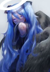 Rule 34 | 1girl, arm tattoo, black sleeves, blue eyes, blue hair, blue necktie, closed mouth, commentary request, detached sleeves, feathered wings, grey background, grey shirt, grey wings, hair between eyes, halo, hatsune miku, highres, kamitani propeller, long bangs, long hair, looking at viewer, looking to the side, necktie, number tattoo, shirt, smile, solo, tattoo, twintails, upper body, very long hair, vocaloid, white halo, wings