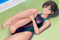 Rule 34 | 1girl, barefoot, breasts, brown eyes, collarbone, commentary request, competition swimsuit, hashi, long bangs, lying, medium breasts, on back, one-piece swimsuit, original, parted lips, poolside, short hair, simple background, solo, stretching, swimsuit, toes, tomboy