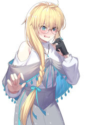 1girl @_@ absurdres aesc_(fate) aesc_(rain_witch)_(fate) ahoge black_gloves blonde_hair blue_eyes blush braid breasts clothing_cutout fate/grand_order fate_(series) glasses gloves grey_skirt highres long_hair long_sleeves medium_breasts natu_zame open_mouth round_eyewear shirt shoulder_cutout side_ponytail single_glove skirt solo white_shirt