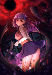 Rule 34 | black moon, blurry, blurry background, breasts, brown vest, commentary request, crying, crying with eyes open, dutch angle, empty eyes, fate/stay night, fate (series), from behind, hair ribbon, heaven&#039;s feel, highres, homurahara academy school uniform, kannko bokujou, large breasts, leaning forward, long hair, long sleeves, looking at viewer, looking back, matou sakura, moon, night, outdoors, purple hair, purple skirt, railing, red eyes, red ribbon, red sky, ribbon, school uniform, shirt, skirt, sky, solo, standing, streaming tears, tears, thighs, vest, white shirt