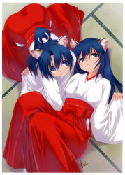 Rule 34 | 2girls, absurdres, animal ears, blue eyes, blue hair, from above, hakama, hakama skirt, highres, huge filesize, japanese clothes, long hair, looking at viewer, looking up, lying, miko, mitarashi kousei, multiple girls, on back, original, parted lips, ponytail, red hakama, scan, skirt, sleeves past wrists, smile, tatami, tiger ears