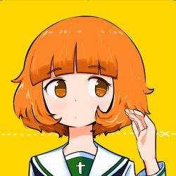 Rule 34 | 1girl, alternate hair length, alternate hairstyle, asutoro (s--t), blouse, blunt bangs, blush, closed mouth, commentary, cut-here line, dotted line, girls und panzer, hand in own hair, highres, light blush, light frown, long sleeves, looking away, ooarai school uniform, orange eyes, orange hair, portrait, school uniform, scissors, serafuku, shirt, short hair, simple background, solo, symbol-only commentary, takebe saori, white shirt, yellow background