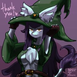 Rule 34 | 1girl, borrowed character, breasts, brown eyes, cat, female focus, furry, furry female, hat, long hair, purple hair, sasamino, solo, upper body, witch hat