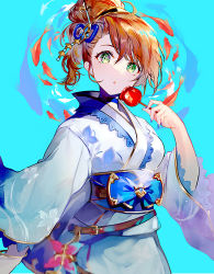 Rule 34 | 1girl, :o, banned artist, beatrix (granblue fantasy), belt, blue background, blue nails, bracelet, brown hair, candy apple, choker, commentary request, cowboy shot, fish, food, frilled sleeves, frills, granblue fantasy, green eyes, hair ornament, hairpin, holding, holding food, japanese clothes, jewelry, kimono, long sleeves, looking at viewer, nail polish, obi, parted lips, sash, solo, tsukumi (tkmillust), wide sleeves, yukata