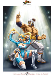 Rule 34 | 1990s (style), 1boy, 1girl, breasts, cleavage, cleavage cutout, clothing cutout, el fuerte, elbow pads, fernando sano, highres, knee pads, large breasts, leotard, long hair, luchador, luchador mask, mask, mexico, muscular, on one knee, rainbow mika, retro artstyle, sano br, street fighter, street fighter iv (series), street fighter zero (series), topknot, topless male, twintails, wrestler, wrestling outfit