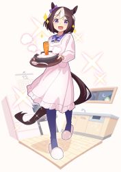 Rule 34 | 1girl, animal ears, blush, bowl, brown hair, cabinet, calendar (object), carrot, crescent moon, diamond (shape), dress, ear blush, full body, highres, holding, holding tray, horse ears, horse girl, horse tail, kuroto mato, looking at viewer, moon, multicolored hair, open mouth, pantyhose, pink dress, porridge, purple eyes, purple pantyhose, purple shirt, refrigerator, sailor collar, shirt, short hair, sink, slippers, smile, solo, sparkle, special week (umamusume), spoon, steam, tail, tray, two-tone hair, umamusume, walking, window