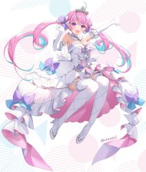 Rule 34 | 1girl, :d, ahoge, akamoku, alternate costume, anchor symbol, aqua hair, arm garter, blush, bow, braid, breasts, circle, cleavage, commentary, detached collar, dress, drill hair, earrings, elbow gloves, french braid, frilled dress, frilled thighhighs, frills, full body, gloves, hair ribbon, high heels, highres, hololive, jewelry, long hair, looking at viewer, medium breasts, minato aqua, multicolored hair, off-shoulder dress, off shoulder, open mouth, outstretched arm, pink hair, purple bow, purple eyes, ribbon, simple background, smile, solo, strapless, strapless dress, streaked hair, thighhighs, tiara, triangle, twin drills, twintails, twitter username, two-tone hair, virtual youtuber, white background, white dress, white footwear, white gloves, white thighhighs