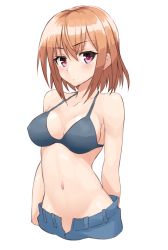 Rule 34 | 1girl, arm behind back, bare shoulders, bikini, bikini top only, blush, breasts, covered erect nipples, eyebrows, looking at viewer, midriff, navel, open fly, orange hair, original, pink eyes, short hair, shunichi, simple background, solo, standing, swimsuit, unbuttoned, upper body, white background