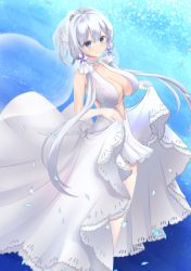 Rule 34 | 1girl, azur lane, bare shoulders, blue eyes, breasts, bridal veil, center opening, chibi yawawa, cleavage, dress, flower, gloves, hair ribbon, halter dress, halterneck, highres, illustrious (azur lane), illustrious (morning star of love and hope) (azur lane), lace, lace-trimmed dress, lace trim, large breasts, long dress, long hair, looking at viewer, mole, mole under eye, official alternate costume, petals, ribbon, see-through, colored eyelashes, skirt hold, sleeveless, sleeveless dress, solo, tiara, tress ribbon, tri tails, underwater, veil, very long hair, wedding dress, white dress, white flower, white gloves, white hair, white legwear