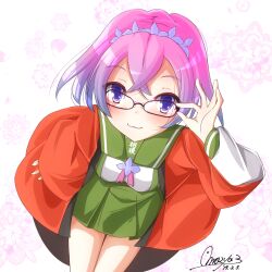 Rule 34 | 1girl, flower, glasses, green skirt, happi, hydrangea, japanese clothes, sagami-tan, sailor collar, skirt