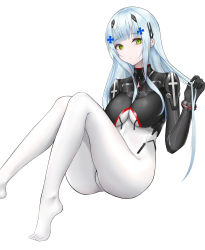Rule 34 | 1girl, absurdres, arm behind back, blue hair, bodysuit, breasts, closed mouth, expressionless, full body, girls&#039; frontline, green eyes, hair between eyes, hair ornament, hairclip, hand in own hair, highres, hk416 (girls&#039; frontline), hk416 (midnight evangelion) (girls&#039; frontline), jin mu mulin, long hair, looking at viewer, medium breasts, multicolored bodysuit, multicolored clothes, no shoes, official alternate costume, on floor, simple background, solo, teardrop facial mark, teardrop tattoo, thighs, white background