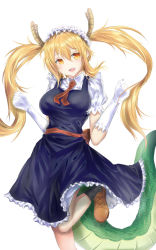 Rule 34 | 10s, 1girl, alternate hairstyle, black dress, black socks, blonde hair, breasts, brown footwear, collared shirt, cowboy shot, dragon girl, dragon horns, dragon tail, dress, dress shirt, elbow gloves, fhilippedu, frilled skirt, frilled sleeves, frills, gloves, hair between eyes, highres, horns, kobayashi-san chi no maidragon, large breasts, large tail, leg up, long hair, looking at viewer, maid, maid headdress, necktie, open mouth, puffy short sleeves, puffy sleeves, red necktie, sash, shirt, shoes, short sleeves, sidelocks, simple background, skirt, sleeveless, sleeveless dress, smile, socks, solo, standing, standing on one leg, tail, tohru (maidragon), twintails, white background, white gloves, white shirt, yellow eyes