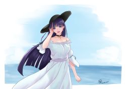 Rule 34 | 1girl, :d, adjusting hair, black choker, black hat, blue eyes, blue sky, border, choker, commentary request, cross, dress, fate/grand order, fate (series), hat, light blue dress, long dress, long hair, looking at viewer, martha (fate), ocean, open mouth, purple hair, rurouni shenz, sky, smile, solo, sun hat, very long hair, white border