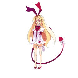 Rule 34 | 1girl, blonde hair, demon girl, demon tail, demon wings, disgaea, earrings, flonne, flonne (fallen angel), full body, hairband, harada takehito, heart, heart earrings, highres, jewelry, leg ribbon, long hair, long sleeves, official art, open mouth, own hands together, pointy ears, red eyes, red footwear, ribbon, simple background, solo, standing, tail, tail ornament, tail ribbon, thigh ribbon, v arms, white background, wings