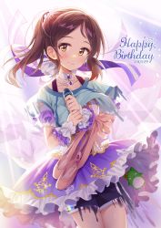 Rule 34 | 1girl, ayase honoka, black shorts, blue shirt, blush, breasts, brown eyes, brown hair, chobi (penguin paradise), closed mouth, commentary request, dated, dress, frilled dress, frills, gym shorts, happy birthday, highres, holding, holding microphone, idolmaster, idolmaster cinderella girls, looking at viewer, medium breasts, microphone, parted bangs, pina korata, pink footwear, ponytail, purple dress, shirt, shoes, unworn shoes, short shorts, short sleeves, shorts, smile, solo