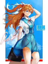Rule 34 | 1girl, 2023, absurdres, ass, bag, bare legs, blue eyes, blue skirt, blue sky, breasts, dated, day, floating hair, hand in own hair, highres, holding, holding bag, iknsk, interface headset, long hair, looking at viewer, medium breasts, neck ribbon, neon genesis evangelion, red ribbon, ribbon, school bag, school uniform, shirt, simple background, skirt, sky, smile, solo, souryuu asuka langley, standing, standing on one leg, suspender skirt, suspenders, tokyo-3 middle school uniform, twintails, white shirt
