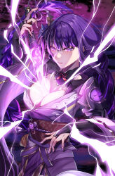 Rule 34 | 1girl, absurdres, breasts, bridal gauntlets, cleavage, dora (jcyw8334), electricity, genshin impact, hair between eyes, highres, human scabbard, japanese clothes, kimono, large breasts, long hair, looking at viewer, parted lips, purple eyes, purple hair, purple kimono, raiden shogun, solo, very long hair