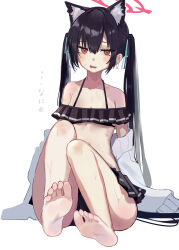 Rule 34 | 1girl, absurdres, animal ears, barefoot, black hair, blush, feet, highres, long hair, looking at viewer, open mouth, red eyes, serika (blue archive), serika (swimsuit) (blue archive), soles, swimsuit, toes, twintails