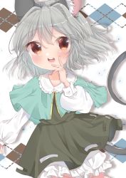 Rule 34 | 1girl, absurdres, animal ear fluff, animal ears, ashino chimado, bloomers, blue capelet, blush, brown eyes, capelet, commentary request, cowboy shot, flat chest, grey hair, grey skirt, grey vest, highres, layered clothes, long sleeves, mouse ears, mouse girl, mouse tail, nazrin, open mouth, round teeth, shirt, short hair, skirt, smile, solo, tail, teeth, touhou, underwear, vest, white background, white bloomers, white shirt