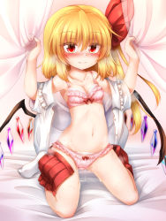 Rule 34 | 1girl, bare shoulders, bed sheet, blonde hair, blush, bow, bow panties, bra, breasts, cleavage, collarbone, commentary request, crystal, cum, cum in clothes, cum in panties, cum in pussy, cumdrip, curtain grab, curtains, flandre scarlet, frilled bra, frilled panties, frilled shirt collar, frills, groin, hair between eyes, hair ribbon, hands up, highres, long hair, looking at viewer, marukyuu ameya, miniskirt, nail polish, navel, no headwear, no shoes, off shoulder, one side up, open clothes, open shirt, open skirt, panties, pink background, pink bra, pink panties, pleated skirt, red bow, red eyes, red nails, red ribbon, red skirt, ribbon, shadow, shirt, short sleeves, sitting, skirt, small breasts, smile, socks, solo, stomach, sweat, thighs, touhou, underwear, wariza, white shirt, white socks, wings