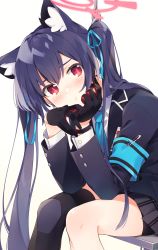 Rule 34 | 1girl, animal ears, armband, blue archive, blush, cat ears, commentary request, gloves, half gloves, halo, highres, kano hito, knee pads, long hair, looking at viewer, pout, red eyes, school uniform, serika (blue archive), simple background, sitting, solo, twintails, white background