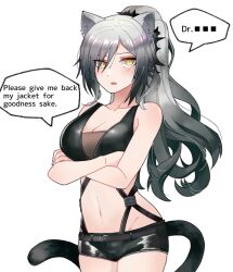 Rule 34 | 1girl, animal ears, arknights, bare arms, bare shoulders, basashisenjumin, black shorts, breasts, cat ears, cat tail, cleavage, commentary, cowboy shot, crop top, crossed arms, english commentary, english text, grey hair, large breasts, long hair, looking at viewer, midriff, navel, parted lips, ponytail, schwarz (arknights), short shorts, shorts, simple background, sleeveless, solo, speech bubble, standing, stomach, tail, very long hair, white background, yellow eyes