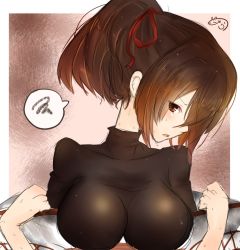 Rule 34 | 10s, 1girl, breasts, brown eyes, brown hair, close-up, female focus, hair ornament, hair ribbon, highres, impossible clothes, ise (kancolle), japanese clothes, kantai collection, large breasts, looking at viewer, nontraditional miko, nora (salatto), ponytail, ribbon, short hair, skin tight, solo, spoken squiggle, squiggle, undressing, upper body