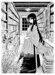 Rule 34 | 1girl, book, book stack, bookshelf, bookstore, border, breasts, candle, chair, closed mouth, clothing request, commentary, fire, flower, glasses, greyscale, happy, himawari-san, himawari-san (character), holding, holding candle, indoors, lamp, long hair, long skirt, long sleeves, looking at viewer, medium breasts, monochrome, night, open clothes, plant, shirt, shop, signature, skirt, smile, solo, standing, star (sky), sugano manami, vase, white border, wide sleeves, window, wooden floor, wooden wall