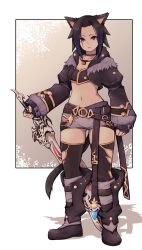 Rule 34 | 1girl, animal ears, warrior of light (ff14), belt, belt bra, blue eyes, boots, border, bright pupils, brown belt, brown hair, brown thighhighs, cat ears, choker, closed mouth, cropped jacket, final fantasy, final fantasy xiv, fingerless gloves, full body, gloves, gluteal fold, gradient hair, heterochromia, highres, holding, holding sword, holding weapon, jacket, jewelry, juliet sleeves, lamb-oic029, long sleeves, looking at viewer, micro shorts, miqo&#039;te, multicolored hair, navel, necklace, o-ring, o-ring belt, open clothes, open jacket, original, puffy sleeves, purple choker, purple hair, purple shorts, red eyes, short hair, shorts, solo, sword, thighhighs, two-tone hair, weapon, white border, white pupils