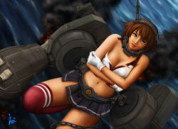 Rule 34 | 10s, 1girl, artist name, breasts, brown hair, cleavage, crossed arms, ebi (eeotoko), gloves, green eyes, headgear, highres, kantai collection, large breasts, lips, looking at viewer, lying, mecha musume, midriff, mutsu (kancolle), navel, nose, on back, parted lips, short hair, signature, skirt, solo, thighhighs, torn clothes, torn skirt, white gloves