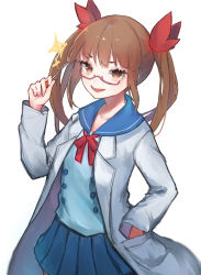 Rule 34 | 1girl, after suko, blue sailor collar, blue skirt, brown eyes, brown hair, glasses, hair ribbon, hand in pocket, highres, idolmaster, idolmaster cinderella girls, idolmaster cinderella girls starlight stage, ikebukuro akiha, lab coat, long hair, long sleeves, open mouth, pleated skirt, red-framed eyewear, red ribbon, ribbon, sailor collar, simple background, skirt, solo, twintails, white background