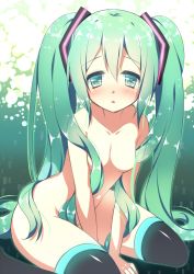 Rule 34 | 1girl, blush, breasts, green eyes, green hair, hair censor, hair ornament, hair over breasts, hatsune miku, long hair, looking at viewer, matching hair/eyes, nude, open mouth, ringo sui, sitting, small breasts, solo, thighhighs, twintails, very long hair, vocaloid